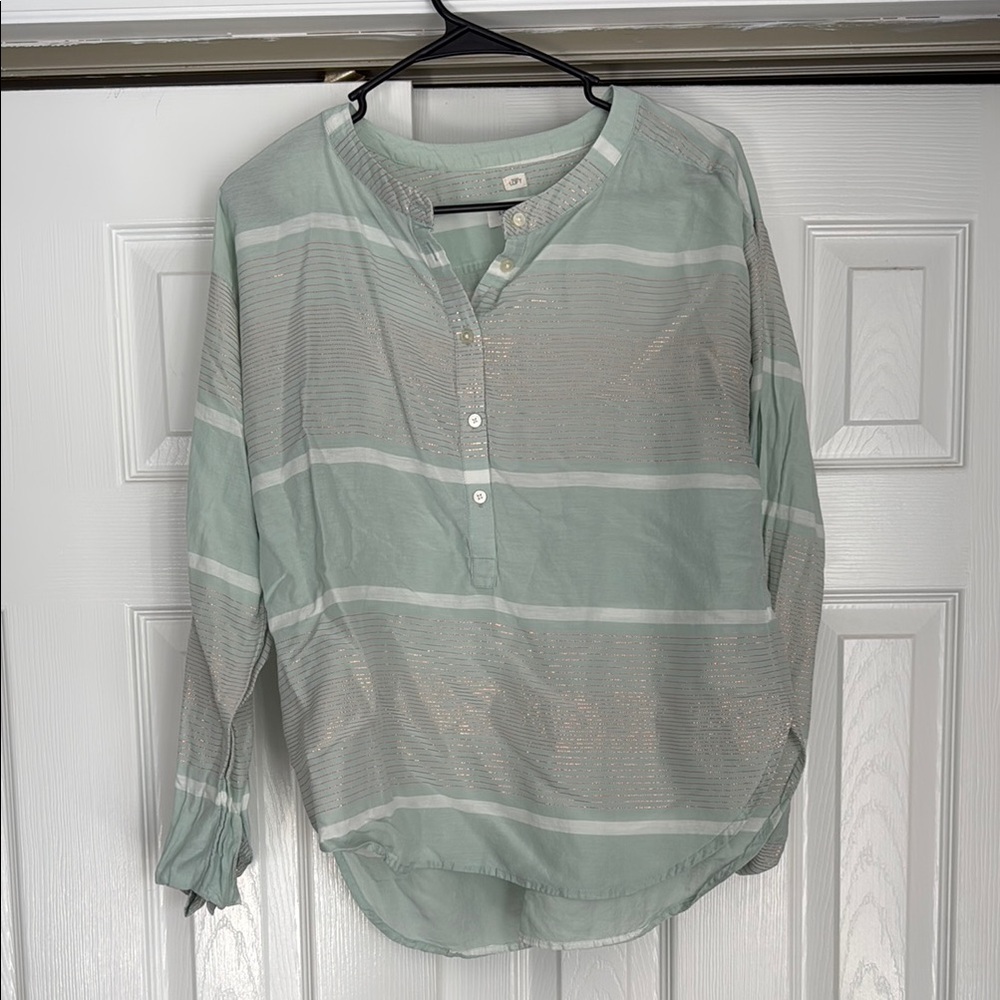 LOFT Mint Green Striped Henley with Metallic Thread